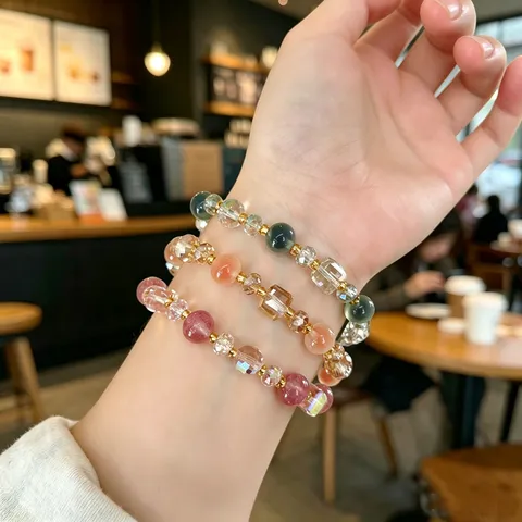 Sweet Fresh Princess Style Agate Beaded Bracelet Light Luxury Design Geometric Crystal Artificial Pearl Stretch Hand Jewelry For Women