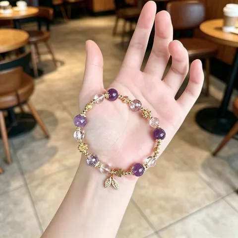 Sweet Fresh Rutilated Quartz Artificial Crystal Beaded Bracelet For Women Gold Color Leaf Pendant Copper Rhinestone Hand Jewelry Gift