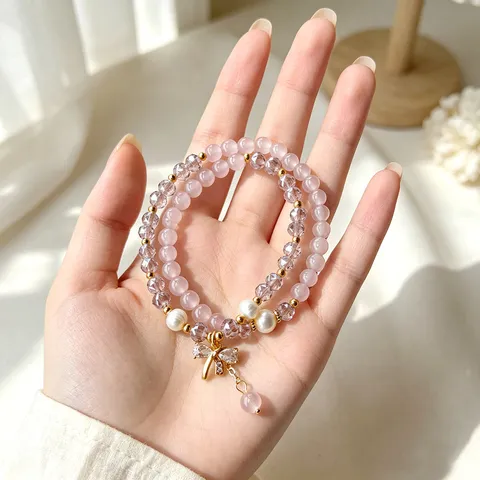 New Chinese Beaded Bracelet Purple Synthetic Cat Eye Stone Double Layer Bracelet With Bow Heart Butterfly Pendant For Women Girl Fashion Jewelry