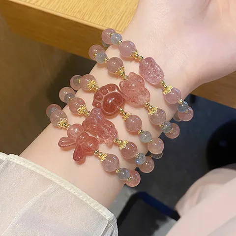 Sweet Strawberry Quartz Grey Moonstone Beaded Bracelet For Women Gold Plated Handmade Charm Bracelet Princess Style Jewelry Gift