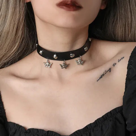 Gothic Punk Faux Leather Choker Necklace With Alloy Rivets Spikes Heart Angel Bat Pendant Dark Edgy Unisex Party Jewelry Gift