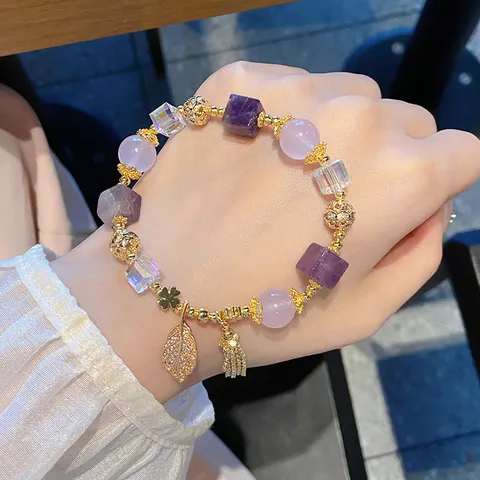 Vintage Sweet 14K Gold Plated Amethyst Rose Quartz Crystal Beaded Bracelet With Rhinestone Leaf Tassel Pendant For Women