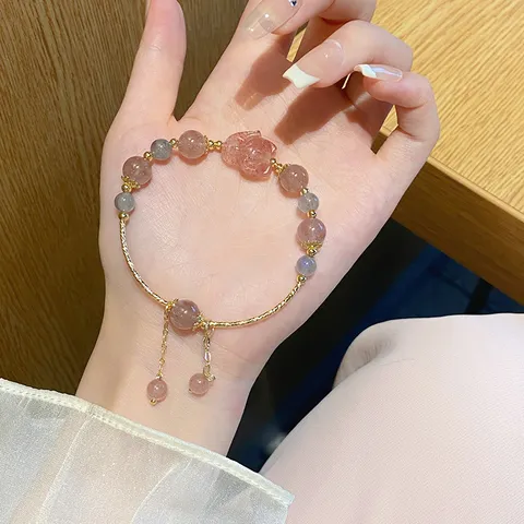 Sweet Strawberry Quartz Grey Moonstone Beaded Bracelet For Women Gold Plated Handmade Charm Bracelet Princess Style Jewelry Gift