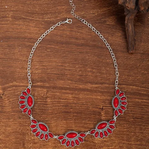 Bohemia Retro Ethnic Alloy Rhinestone Pendant Necklace For Women Turquoise Red Geometric Flower Statement Choker Jewelry Gift