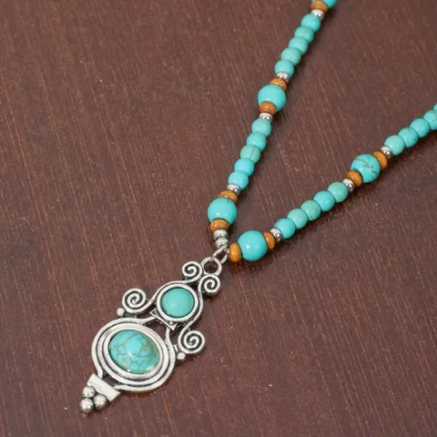 Vintage Ethnic Turquoise Beaded Necklace Long Carved Bull Head Pendant Handmade Wooden Beads Electroplated Alloy Pendant Jewelry For Women Men