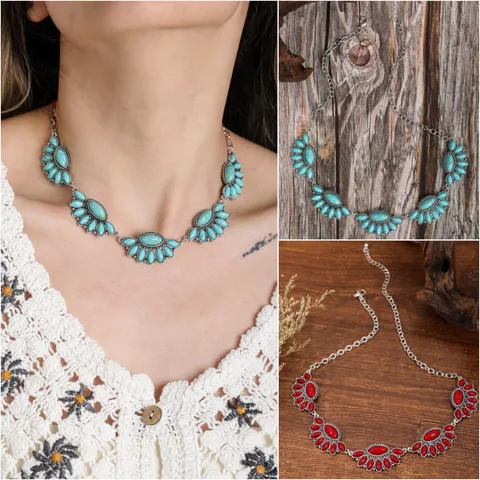 Bohemia Retro Ethnic Alloy Rhinestone Pendant Necklace For Women Turquoise Red Geometric Flower Statement Choker Jewelry Gift