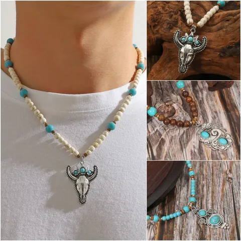 Vintage Ethnic Turquoise Beaded Necklace Long Carved Bull Head Pendant Handmade Wooden Beads Electroplated Alloy Pendant Jewelry For Women Men