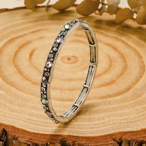 Bohemian Vintage Alloy Rhinestone Bangle Bracelet For Women Engraved Geometric Totem Stretch Elastic Bracelet Retro Ethnic Wrist Jewelry