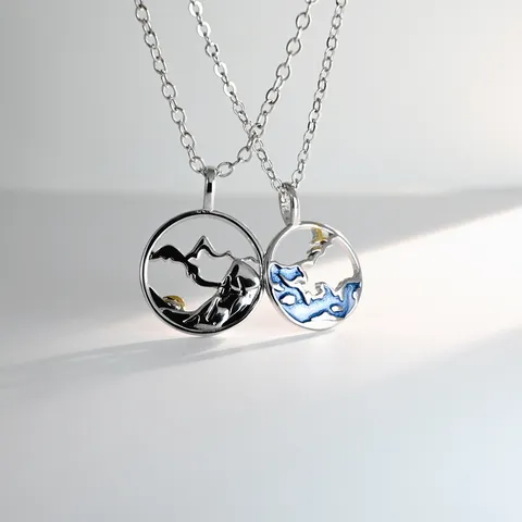 Einfache Leichte Luxus Kupfer Emaille Berg Meer Paar Anhänger Halskette Mode Einstellbare Kreuz Kette Schmuck Valentinstag Geschenk