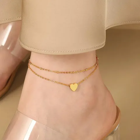 Minimalist Copper Double Layer Chain Anklet For Women Gold Plated Heart Pendant Metal Beads Beach Foot Jewelry Fashion Ankle Bracelet Gift