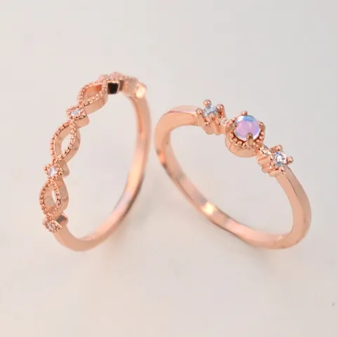 Minimalistisch Kupfer Roségold Verstellbar Ring Set Für Damen Geometrisch Hohl Strass Eingelegt Künstlicher Mondstein Doppelschicht Stapelring Modisch Schmuck Geschenk