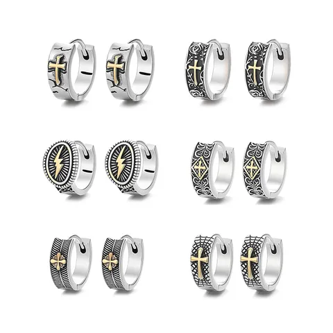 Vintage Hip Hop Kupfer Kreuz Creolen Für Herren Antik Silber Gold Zweifarbig Graviert Blitz Schild Ohrringe Schmuck