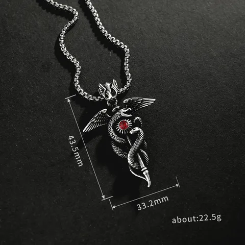 Retro Koperen Caduceus Hanger Ketting Voor Mannen Minimalistische Slang Scepter Hanger Ketting Rode Strass Trui Ketting Sieraden Cadeau