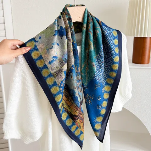 Women Fashion Square Scarf Vintage Art Oil Painting Floral Polyester Satin Neckerchief Elegant Spring Autumn Head Scarf