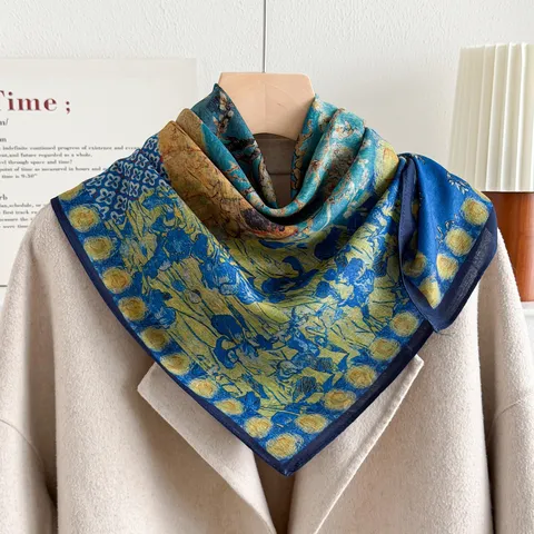 Women Fashion Square Scarf Vintage Art Oil Painting Floral Polyester Satin Neckerchief Elegant Spring Autumn Head Scarf