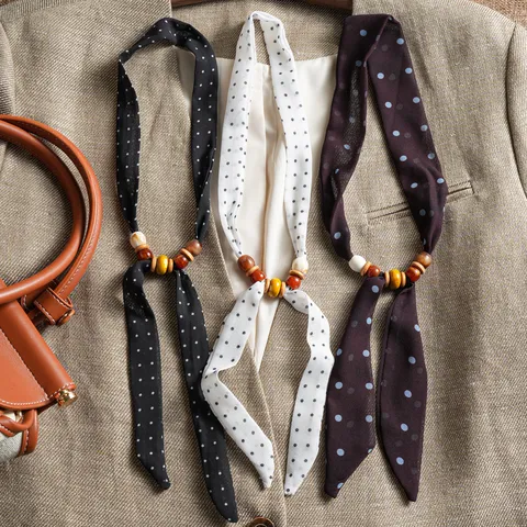 Bufanda de Seda Retro para Mujer Pañuelo Largo y Estrecho para el Cuello Cuentas de Madera Lunares Floral Accesorio de Moda Primavera