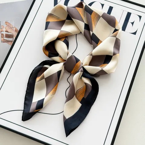 Women Fashion Silk Feel Satin Square Scarf Geometric Plaid Leopard Print Neck Scarf Spring Autumn Hair Band Shawl
