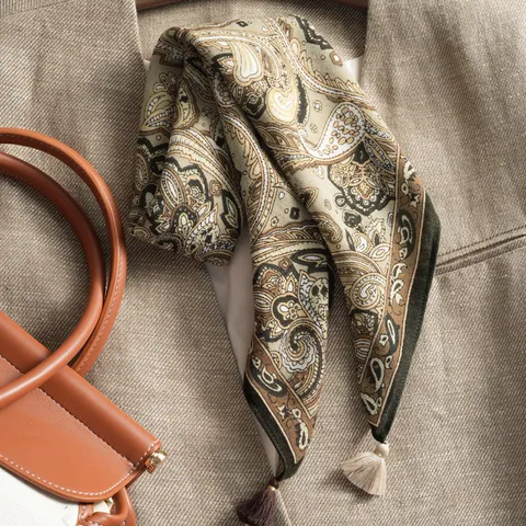 Bufanda Cuadrada Estampada con Diseño Floral Paisley para Mujer Vintage Poliéster Moda Bufanda Ligera