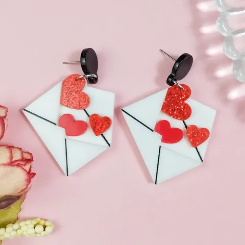 Sweet Valentine's Day Acrylic Cat Heart Drop Earrings Cute Fresh Love Letter Envelope Dangle Earrings For Women Dating Party Jewelry