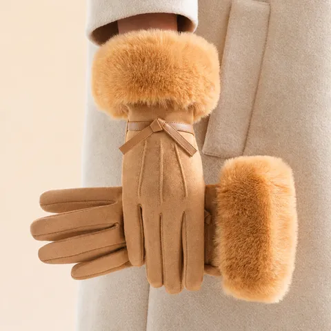 Women Winter Warm Touchscreen Gloves Faux Leather Faux Fur Cuff Bowknot Fashion Casual Driving Thermal Gloves