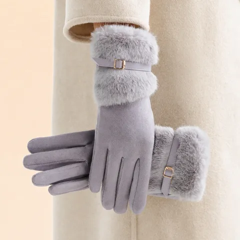 Women Winter Thickened Warm Plush Cuff Gloves Touch Screen Windproof Furry Suede Mittens Fashion Cold Weather Driving Gloves