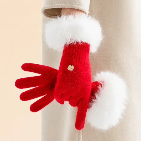 Women Winter Warm Touch Screen Gloves Knit Faux Rabbit Fur Cuffs Casual Daily Outdoor Riding Gloves