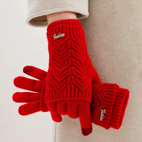 Guantes de Punto Cálidos y Gruesos de Invierno para Mujer Pantalla Táctil Lindo Patrón de Corazón Acrílico Moda Conmutación Clima Frío