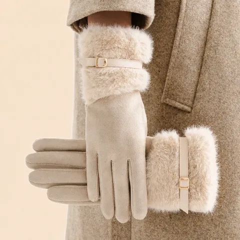Women Winter Thickened Warm Plush Cuff Gloves Touch Screen Windproof Furry Suede Mittens Fashion Cold Weather Driving Gloves