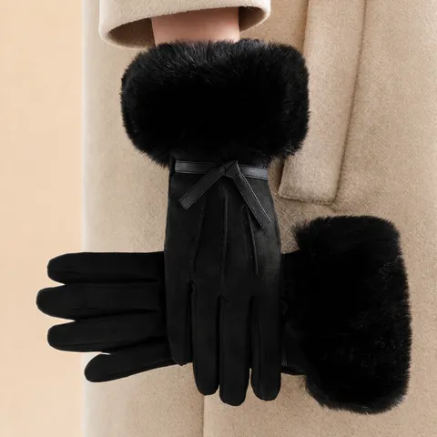 Women Winter Warm Touchscreen Gloves Faux Leather Faux Fur Cuff Bowknot Fashion Casual Driving Thermal Gloves
