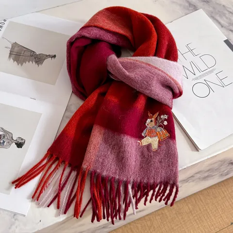 Mujeres Invierno Caliente Bufanda Pura Lana Cuadros Borla Lindo Animal Bordado Suave Casual Cuello Bufanda Regalo