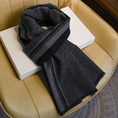 Écharpe Tricotée Longue d'Hiver pour Hommes Chaud Mélange de Laine Motif Grille de la Grande Muraille Gland Casual Affaires Cou Écharpe Mâle