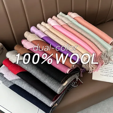 100% Lana Bufanda Invierno Cálido Doble Cara Bloque de Color Borlas Chal Versátil Business Commuting Bufanda Cuello Regalo