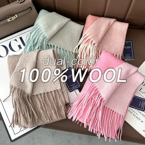 100% Lana Bufanda Invierno Cálido Doble Cara Bloque de Color Borlas Chal Versátil Business Commuting Bufanda Cuello Regalo