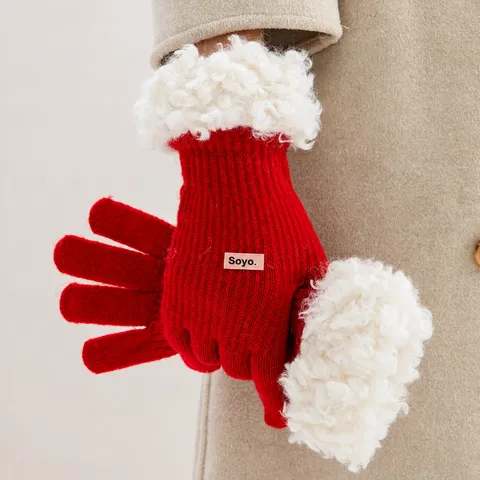 Guantes de Invierno Cálidos de Tejido para Mujer Pantalla Táctil Acrílico Puños de Piel Sintética Guantes Térmicos de Conducción Diaria