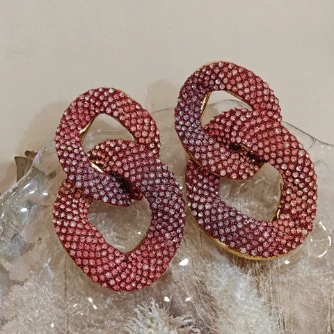 Exaggerated Full Rhinestone Chain Link Earrings For Women Gorgeous Evening Dress Matching Jewelry Geometric Gradient Rhinestone Statement Earrings