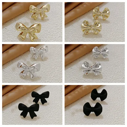 Korean Style Alloy Bowknot Stud Earrings For Women Elegant Delicate Electroplated Sweet Statement Ear Jewelry Accessories Gift Party