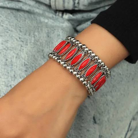 Vintage Alloy Resin Inlaid Marquise Elastic Bracelet Fashion Geometric Floral Engraved Cuff Bangle For Women Ethnic Jewelry