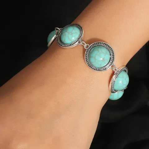 Bohemian Vintage Ethnic Style Turquoise Bracelet For Women Ancient Silver Alloy Artificial Pearl Bracelet Retro Jewelry Gift