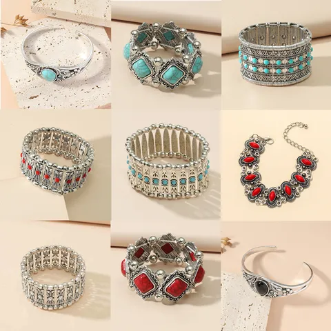 Vintage Alloy Resin Inlaid Marquise Elastic Bracelet Fashion Geometric Floral Engraved Cuff Bangle For Women Ethnic Jewelry