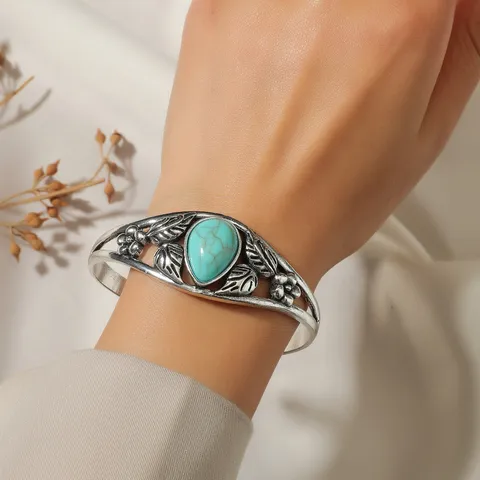 Vintage Ethnic Silver Color Alloy Open Bangle Bracelet Carved Leaf Floral Faux Turquoise Resin Inlaid Statement Jewelry For Women
