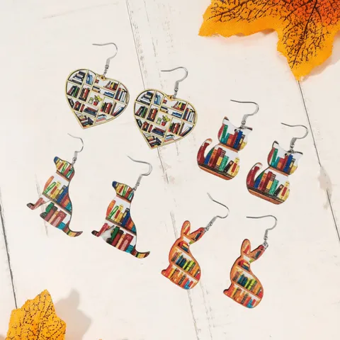 Vintage Wooden Bookshelf Earrings Creative Heart Cat Rabbit Pattern Printed Alloy Hook Drop Earrings For Women Teacher Gift