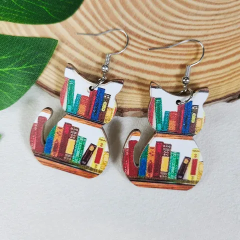 Vintage Wooden Bookshelf Earrings Creative Heart Cat Rabbit Pattern Printed Alloy Hook Drop Earrings For Women Teacher Gift