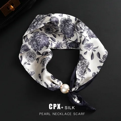 Bufanda de Satén Estampada de Moda para Mujer Sensación de Seda Bufanda Estrecha Larga para el Cuello Con Hebilla Magnética de Perla Elegante