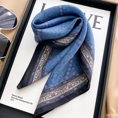 Pañuelo Cuadrado de Seda de Morera Paisley Azul Retro Pañuelo de Seda Vintage Para Mujeres Hombres