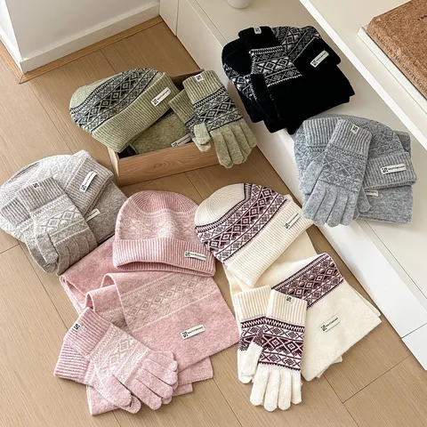 Conjunto De Gorro Bufanda Y Guantes De Punto De Invierno Copo De Nieve Patrón Geométrico Espesado Cálido Regalo De Pareja Unisex