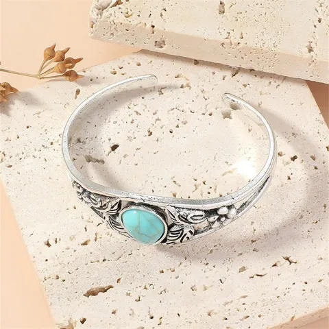 Vintage Ethnic Silver Color Alloy Open Bangle Bracelet Carved Leaf Floral Faux Turquoise Resin Inlaid Statement Jewelry For Women