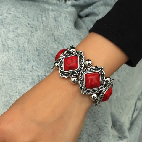 Vintage Ethnic Alloy Rhinestone Elastic Bracelet Geometric Totem Carved Bohemian Turquoise Bangle Wrist Jewelry For Women