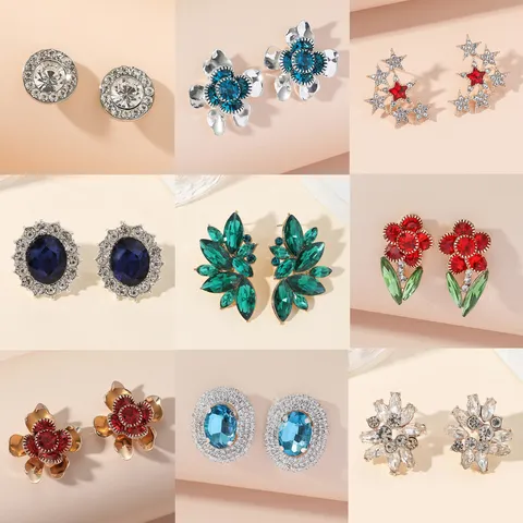 Luxurious Alloy Rhinestone Flower Stud Earrings For Women Elegant Oval Gem Star Design Jewelry With Stainless Steel Post