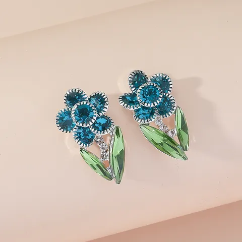 Luxurious Alloy Rhinestone Flower Stud Earrings For Women Elegant Oval Gem Star Design Jewelry With Stainless Steel Post