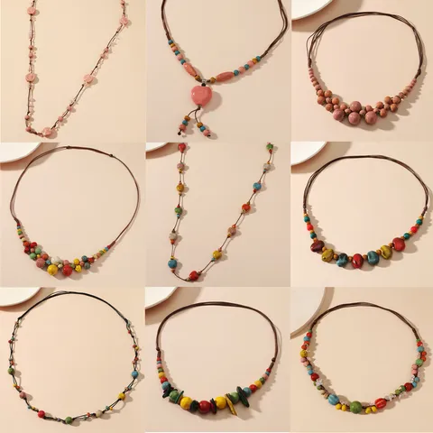 Bohemian Ethnic Ceramic Beaded Necklace For Women Colorful Stone Hand-Woven Rope Chain Vintage Jewelry Necklace Neck Accessory